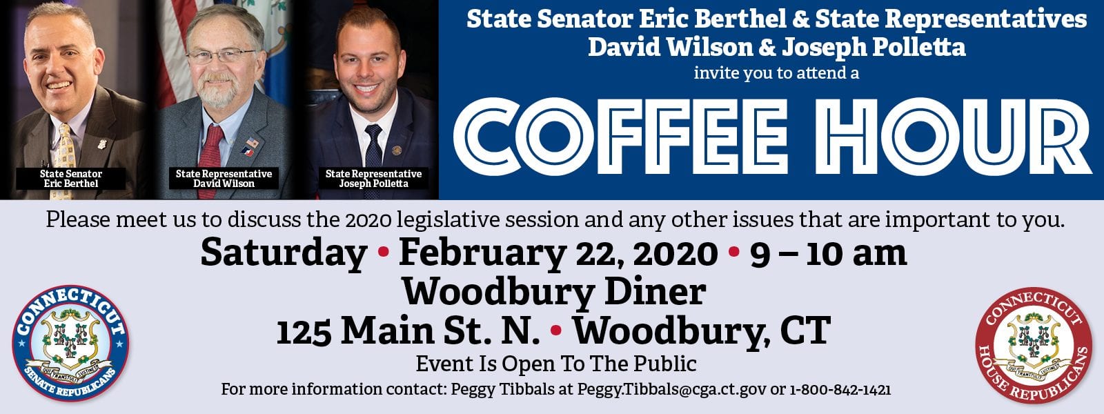 Please join me: Feb. 22 Coffee Hour at Woodbury Diner - CT Senate Republic