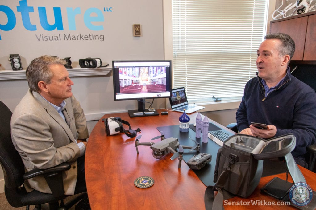 Senator Witkos, left, speaks with Tony Healy of Capture Visual Marketing LLC of Simsbury during a Local Business Spotlight Tour visit