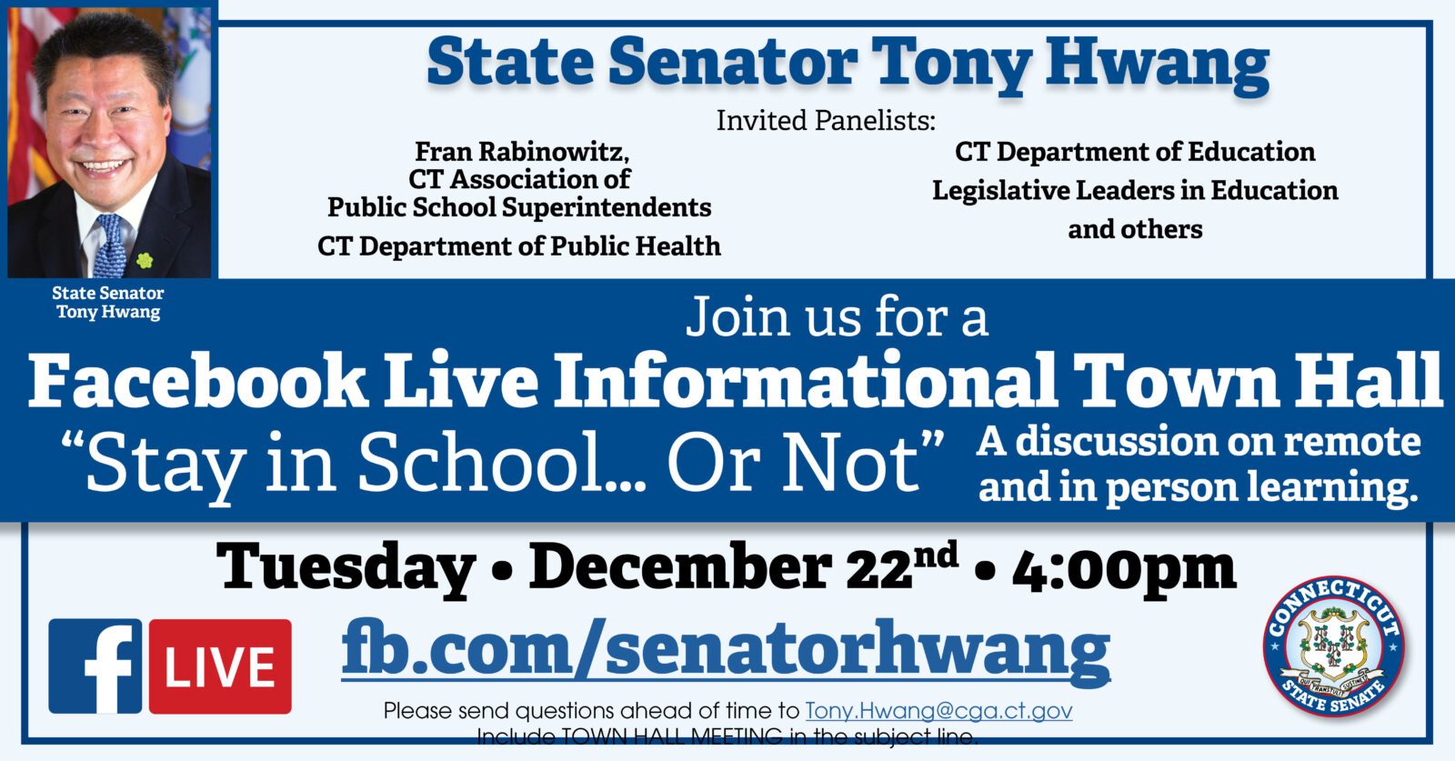 Sen. Hwang to Moderate Informational Forum on CT Covid-19 Education Policy - CT Senate Republic