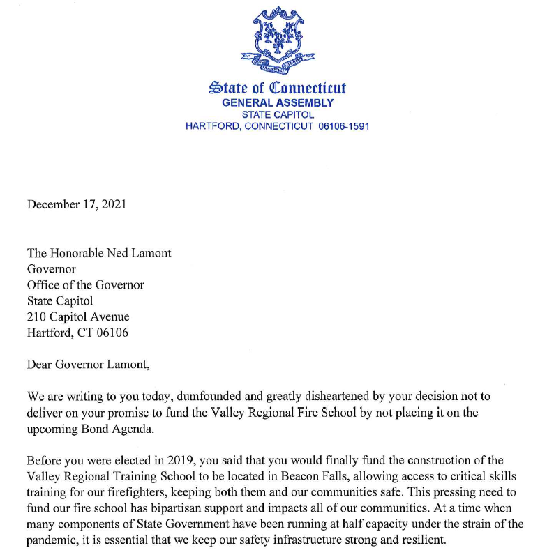 Kelly, Republican Valley Legislators Call on Governor to Honor Promise, Fund Valley Regional Fire School - CT Senate Republic