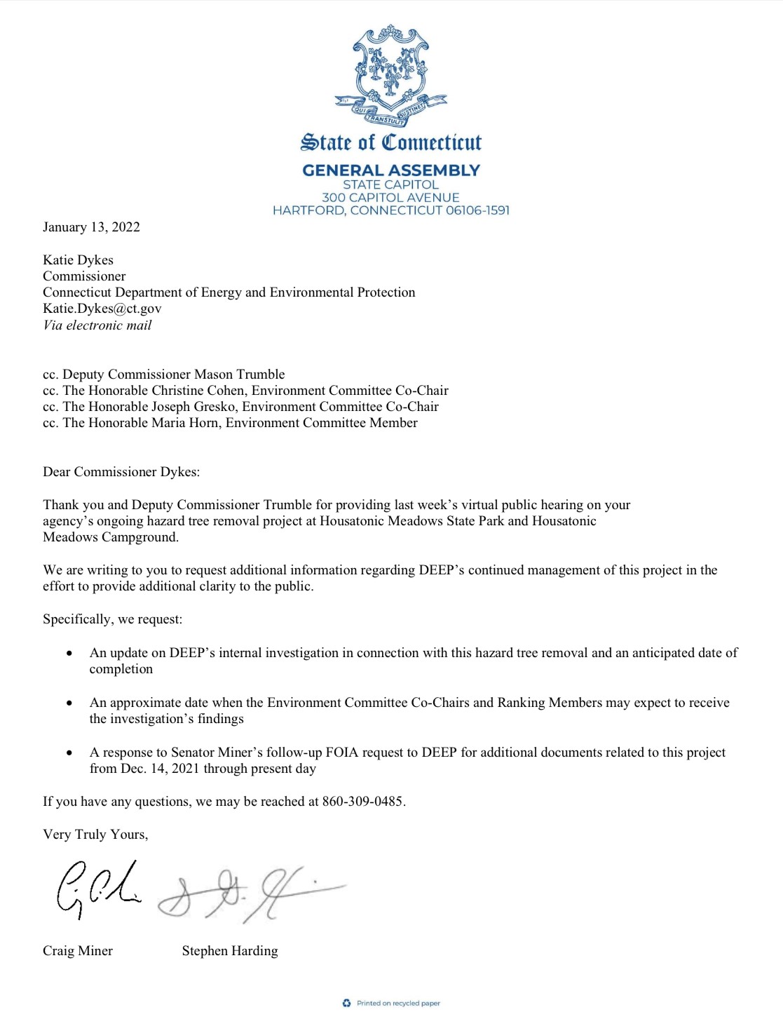 Letter: Sen. Miner, Rep. Harding Press CT DEEP for More Public Transparency on Housatonic Hazard Tree Removal - CT Senate Republic