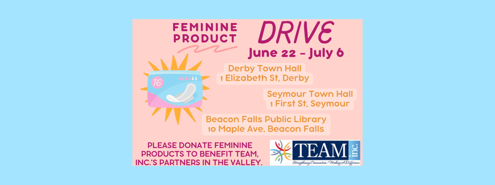 Sens. Berthel and Kelly, Rep. Klarides-Ditria, First Selectwoman Drugonis, TEAM Inc. Hosting Feminine Product Donation Drive - CT Senate Republic