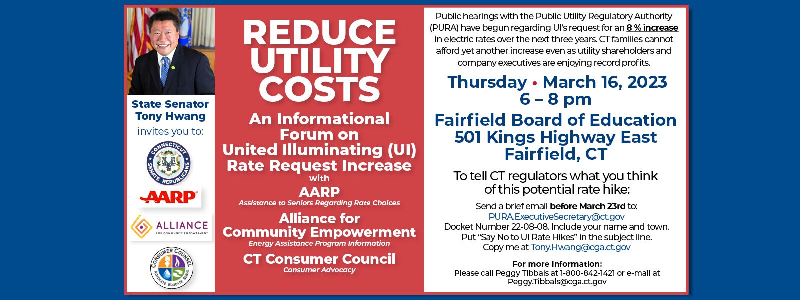 Thursday, Mar. 16: Sen. Hwang to Moderate UI Electric Rate Hike Info Forum - CT Senate Republic