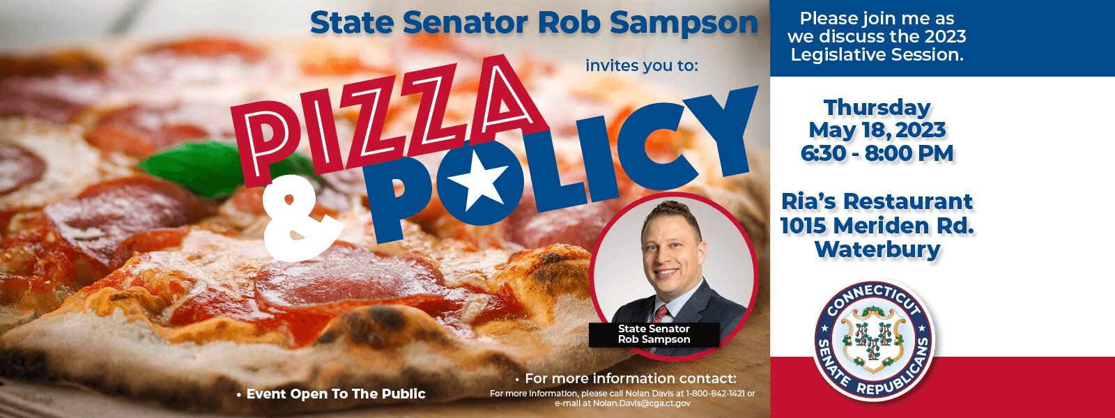 Waterbury: Pizza & Policy at Ria’s Restaurant on May 18 - CT Senate Republic
