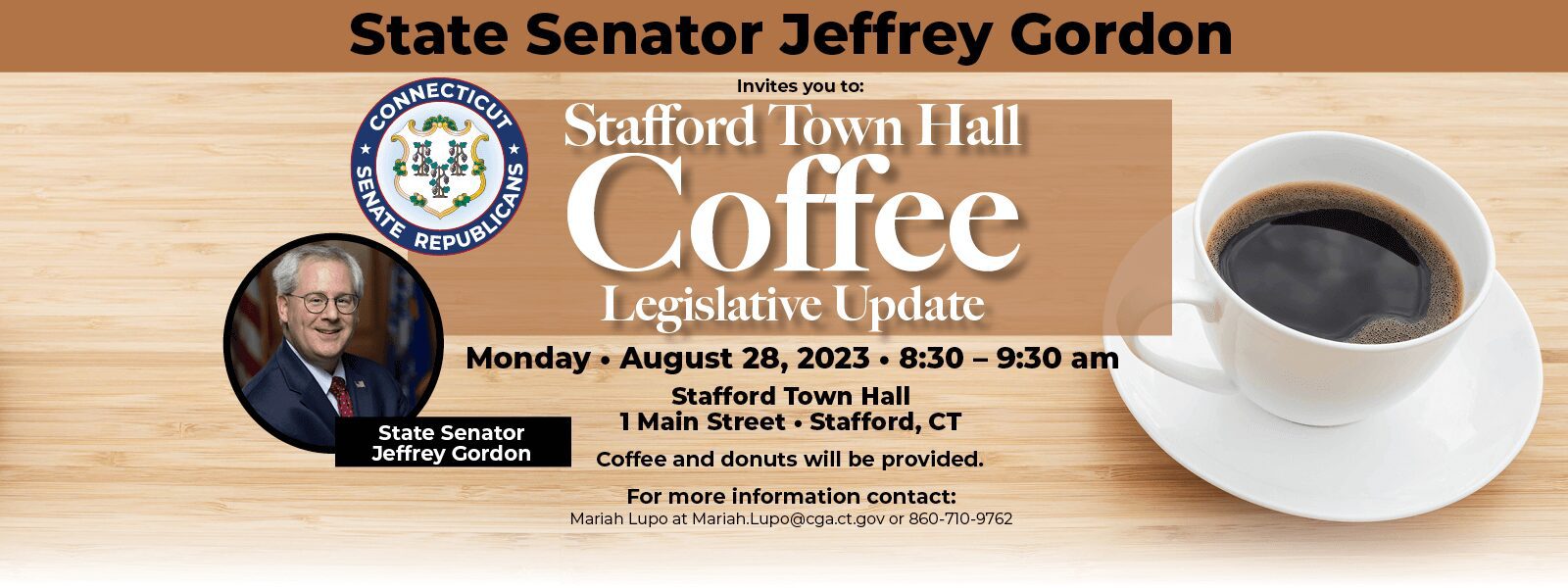 Stafford Town Hall Coffee Legislative Update – August 28 - CT Senate Republic