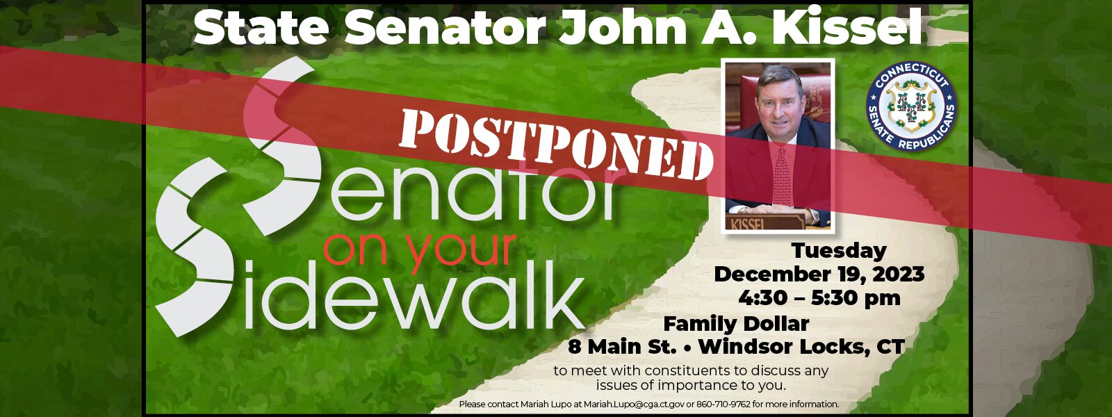 POSTPONED: Tuesday in Windsor Locks: “Senator on your Sidewalk” - CT Senate Republic
