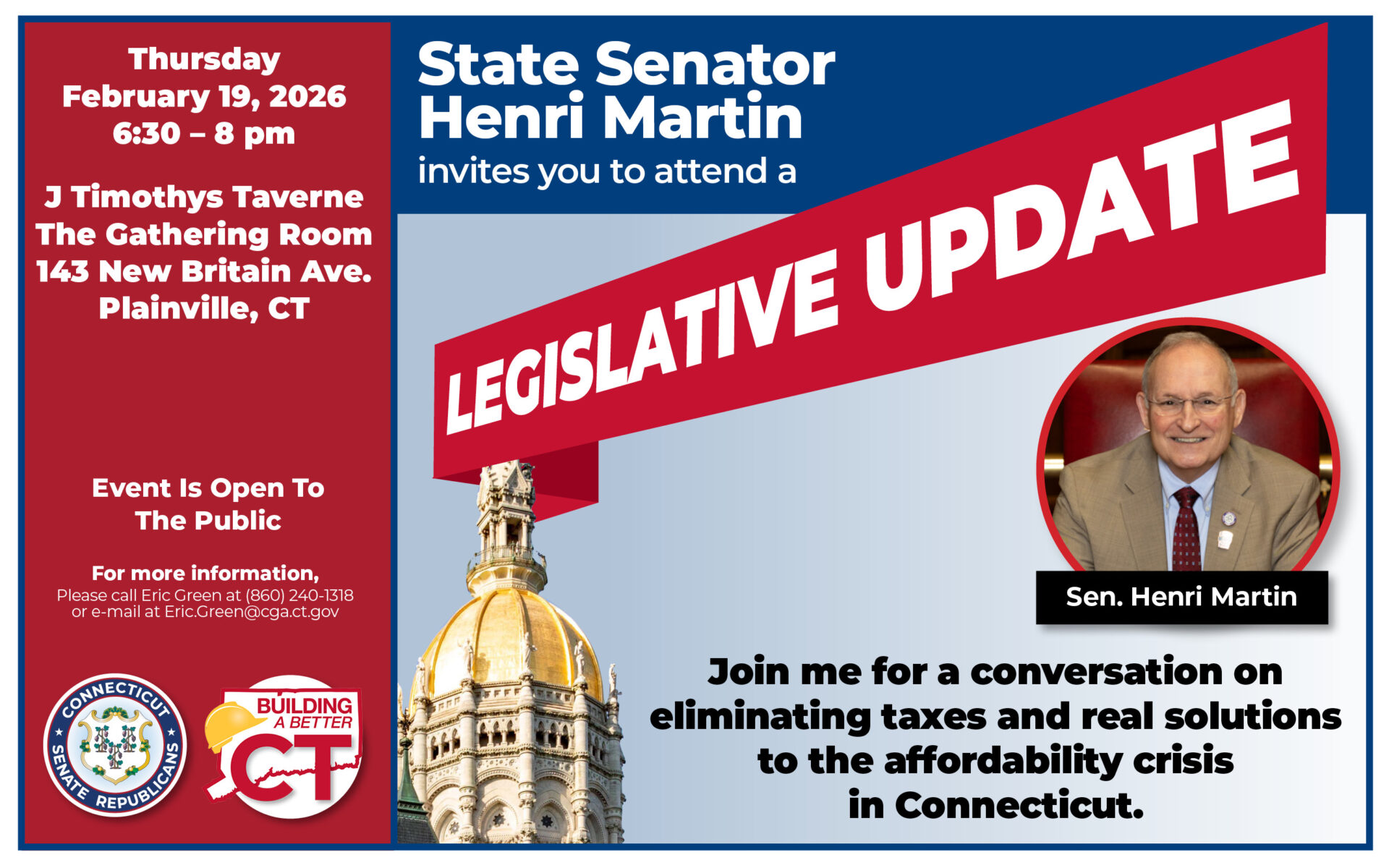 Join Senator Martin for a Legislative Update in Plainville! - CT Senate Republic