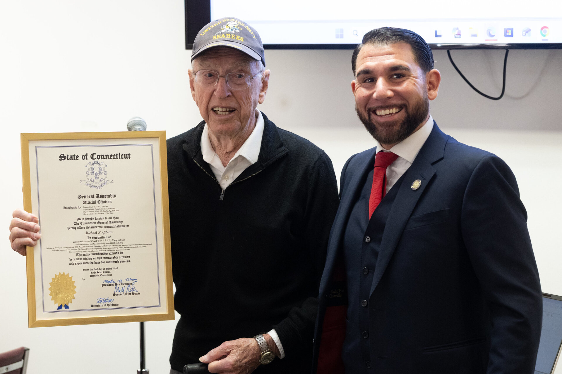 Sen. Cicarella Honors World War II Veteran Michael P. Gibeau on 100th Birthday - CT Senate Republic